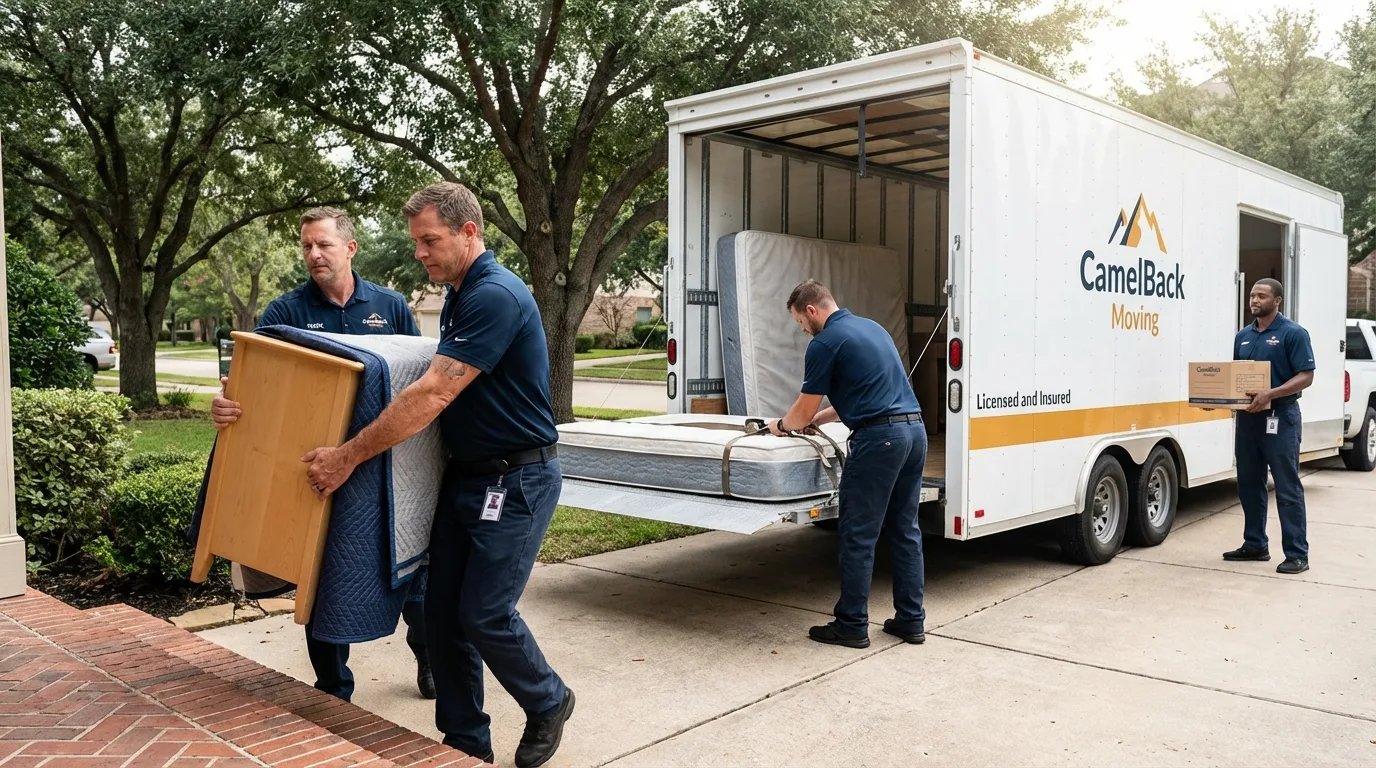 Crew loading residential truck for cross-state move from Columbia, LA