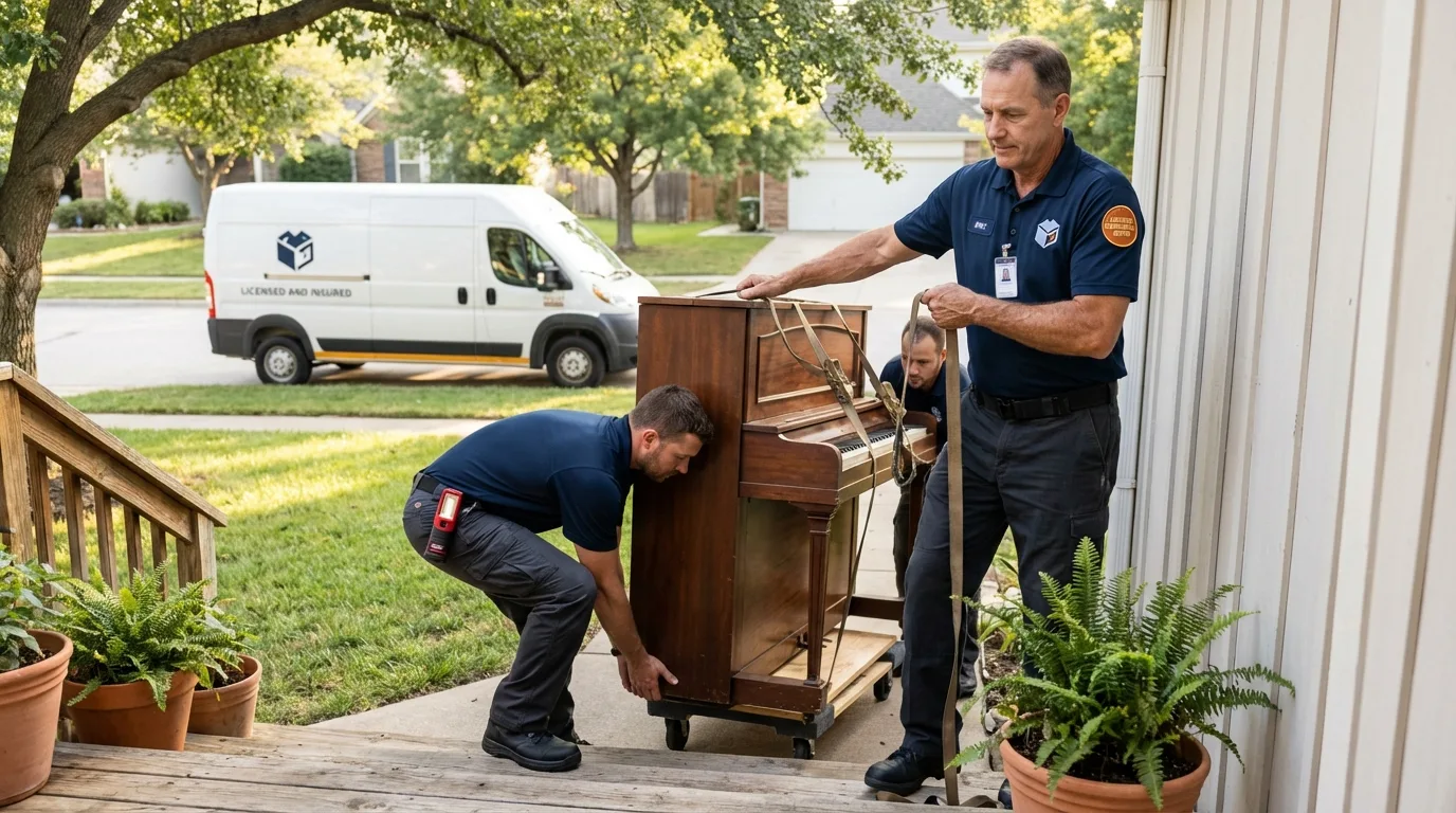 Licensed piano movers securing grand piano in Columbia, LA