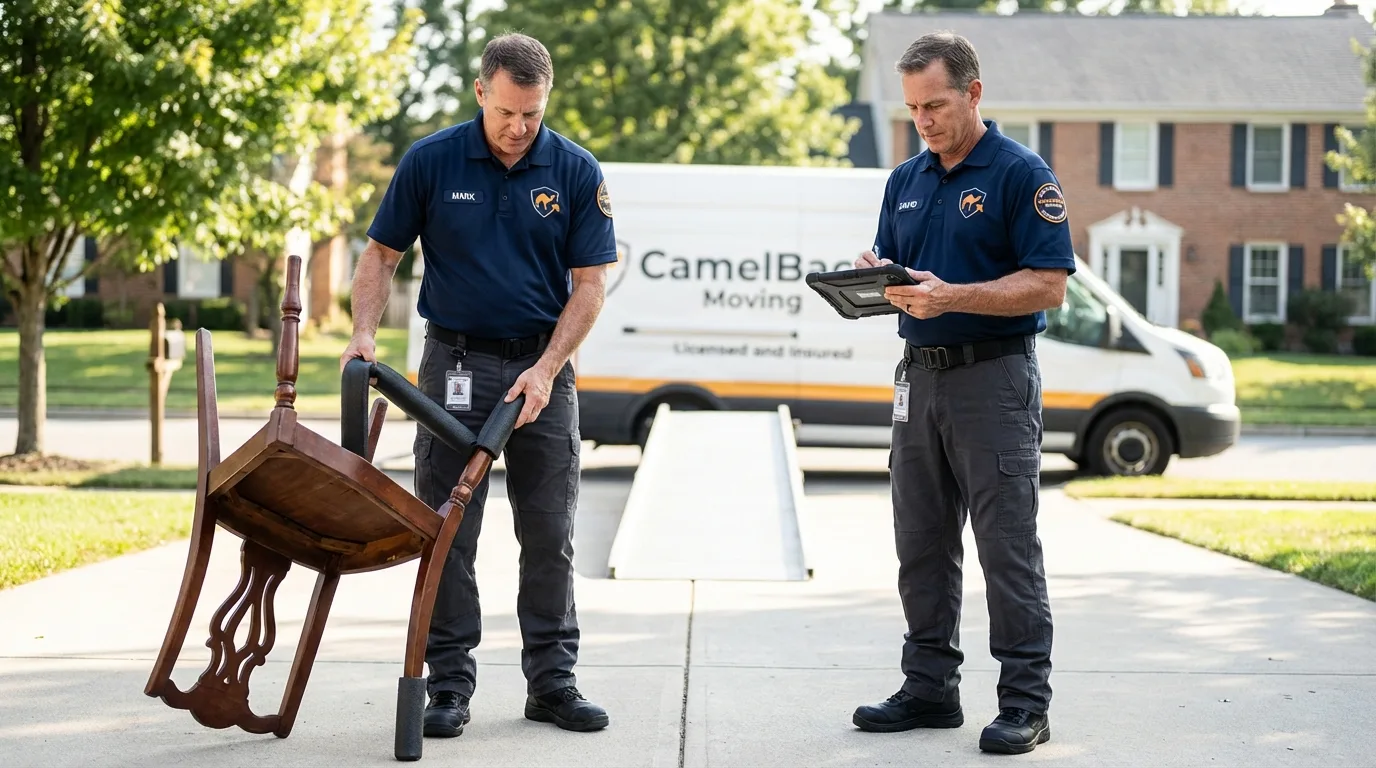 Movers inspecting furniture for damage prevention before loading in Columbia, LA
