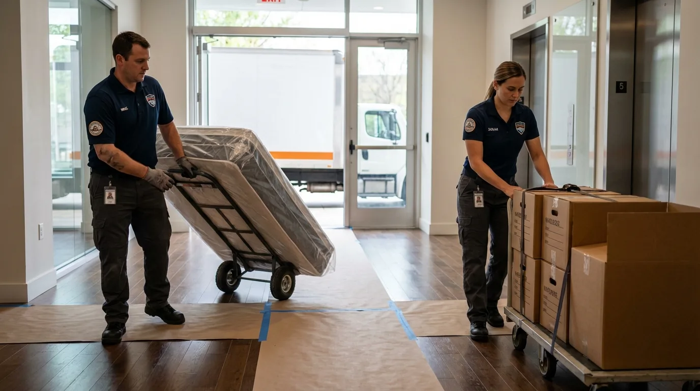 Professional apartment movers loading elevator in Columbia, LA